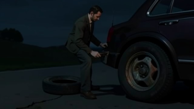 The Flat Tyre from "The Lighthouse". A Plan Abandoned A practical obstacle Futh finds his car where he left it, but its tyre is flat and the spare is the old tyre he previously removed.