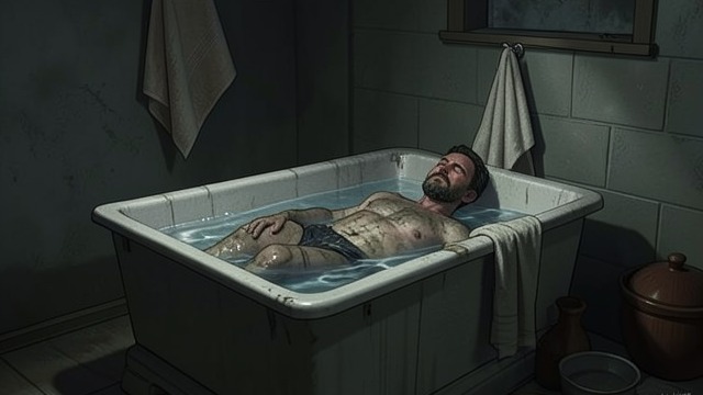 An Empty Hotel Tub from "The Lighthouse". Rest That Does Not Last Pain and exhaustion After a difficult walking day, Futh reaches a hotel, takes a bath and falls asleep in the tub.