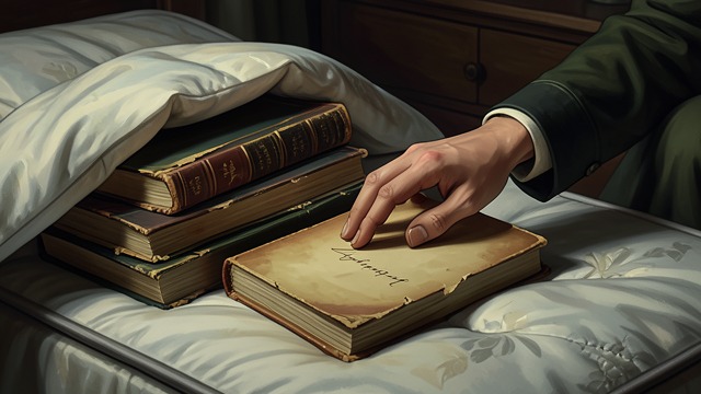 Books Beneath the Bed from "The Lighthouse". A Hidden Library A private inheritance After Futh’s father burns his mother’s belongings, Futh keeps some of her books hidden beneath his mattress.