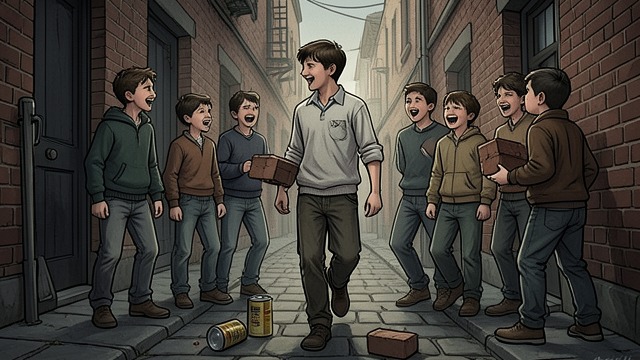 The Alleyway Assault from "The Lighthouse". A Hostile Encounter A narrow passage Futh unexpectedly meets Kenny among a group of boys in an alley. He keeps walking rather than turn back.