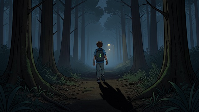Forest Without a Torch from "The Lighthouse". Fear in the Trees A path closing in Futh walks deeper into a darkening forest without a torch and fears the trees might be enclosing him.