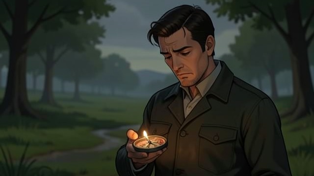 The Broken Compass from "The Lighthouse". A Failed Instrument Lost in open country Futh realizes he is walking in the wrong direction and takes out the compass he has carried without using.
