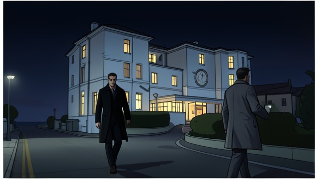 The Hotel as Beacon from "The Lighthouse". A Bright House A promising refuge After becoming lost on the motorway, Futh sees the whitewashed hotel shining in the darkness.