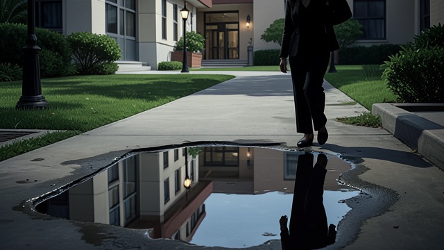 Puddle and Reflection from "The Earthquake Bird". Puddle and Reflection A City in Water Teiji photographs a puddle reflecting the Keio Plaza Hotel, where light and darkness divide the city’s image.