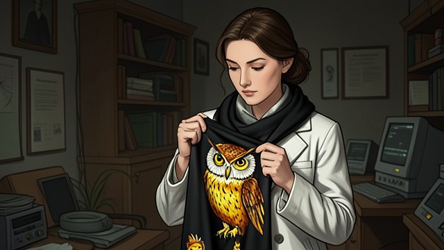 The Owl Scarf from "Up". The Owl Scarf A gift shaped by listening Sergei brings Emma a black scarf decorated with a brightly colored owl.