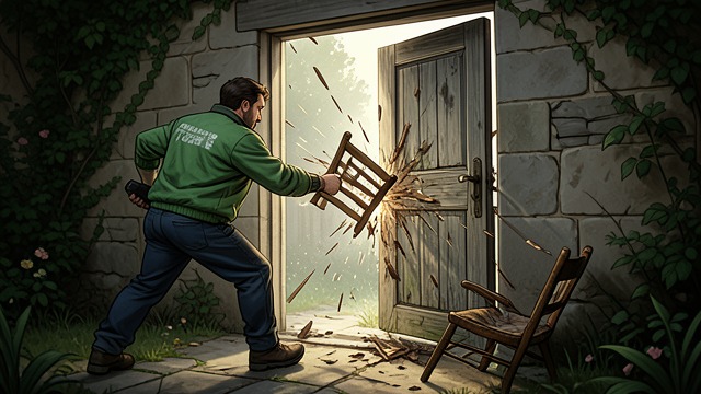 The Door as Protest from "Up". The Door as Protest A reckless act with a target Michiel throws a chair through the broken garden door after losing his sister’s photograph.