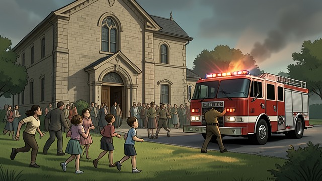 The Fire Department Arrives from "The Best Christmas Pageant Ever". Rehearsal Becomes an Evacuation Alarm in the Building The fire engine arrives as the children sing, and everyone is sent outside.