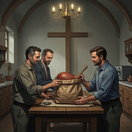 The Family Ham as an Offering from "The Best Christmas Pageant Ever". This flow traces the ham from a charitable food basket to an unexpected gift at the manger, reframing the Herdmans’ relationship to generosity.