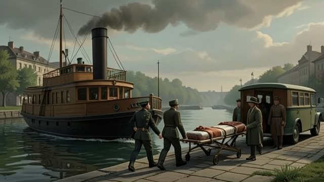 Arrival at Shellal from "Death on the Nile". The Route Ends Disembarkation under guard The steamer reaches Shellal, where Race arranges the arrest of Richetti and the removal of Simon on a stretcher.