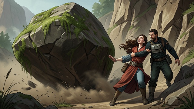 The Boulder Falls from "Death on the Nile". A Near-Fatal Attack Sudden danger A heavy boulder hurtles down the cliff toward Linnet and Simon as they rest below.