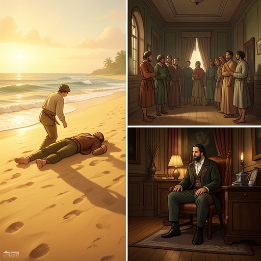 The Legal Transformation from "The Stranger". This flow follows how a beach shooting becomes a legal narrative centered on Meursault’s character rather than the dead man.