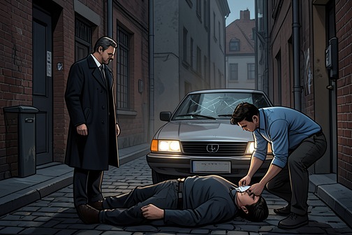 Nico Peterson’s suspected staged death from "The Black-Eyed Blonde". Nico Peterson’s suspected staged death is the hinge on which Philip Marlowe’s investigation turns.
