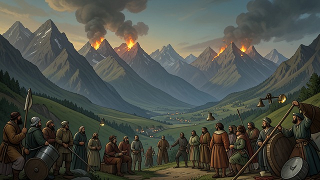 Signals Across the Mountains from "William Tell". Signals Across the Mountains News travels visually At Altdorf, people see fires burning on distant mountain tops and hear bells ringing from the valleys.