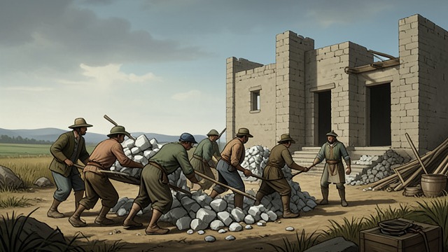 Building the Keep from "William Tell". Building the Keep Forced labor Workers haul stone and mortar to build the keep at Altdorf.