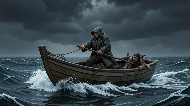 A Successful Crossing from "William Tell". A Successful Crossing Skill under pressure Tell pilots the small boat through the storm and brings Baumgarten to safety.