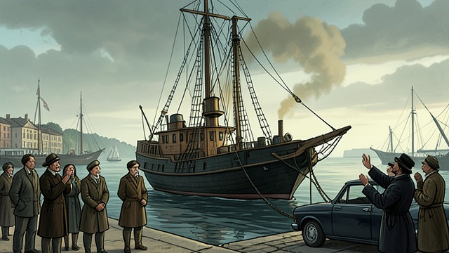 The Harbor Farewell from "The Lover". The Harbor Farewell Towed from land The ship gives three long blasts while tugs pull it toward the river.