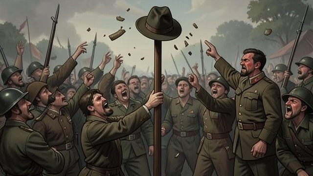Mockery Turns to Missiles from "William Tell". Mockery Turns to Missiles Public ridicule People taunt Friesshardt and Leuthold, turning the humiliating order back on its enforcers.