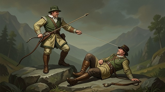 The Arrow Finds Gessler from "William Tell". The Arrow Finds Gessler An old threat fulfilled William Tell fires from the rock, and the arrow strikes Hermann Gessler through the heart.