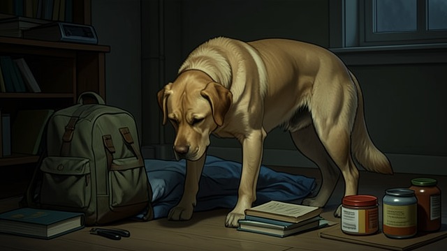A Dog Among Belongings from "The Friend". A Dog Among Belongings Absence made visible The Narrator sees a dog beside a backpack, books, bedding, and food containers, with no person nearby.