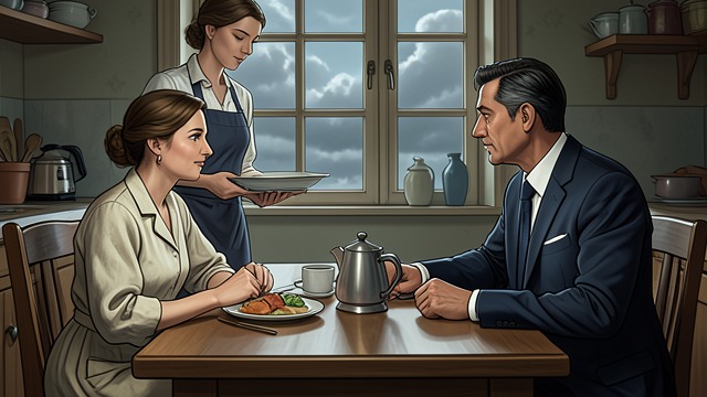 Shared Meals from "Leave the World Behind". Shared Meals Domestic Cooperation The adults share coffee and food, and Ruth helps with household chores.