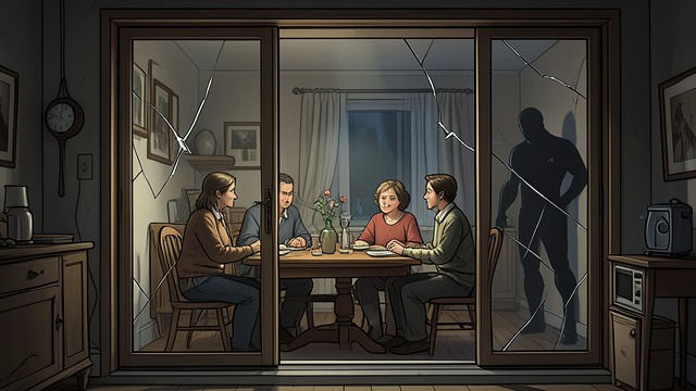 A Crack in the Glass from "Leave the World Behind". A Crack in the Glass Material Damage The first major noise leaves cracks in the house’s glass doors and windows.