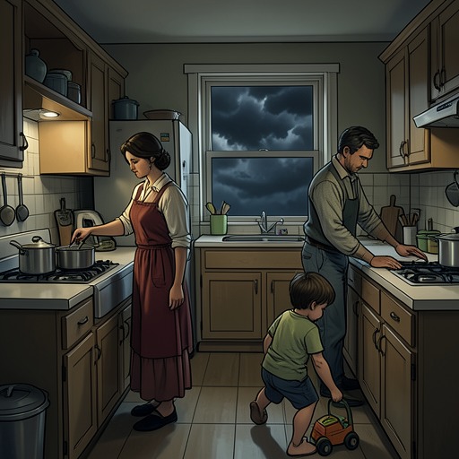 Everyday Rituals Amid Catastrophe from "Leave the World Behind". This flow traces how cooking, cleaning, drinking, and family habits help the characters endure a crisis they cannot explain.
