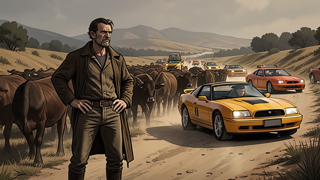 Automobiles Enter the Herd from "The Power of the Dog". Automobiles Enter the Herd A Moving Intrusion Cars push through the cattle during the annual drive, and Phil resents the noise and danger.