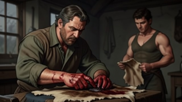 The Body Gives Way from "The Power of the Dog". The Body Gives Way A Wounded Hand Phil works with the infected hide Peter has provided, disregarding a wound on his hand.