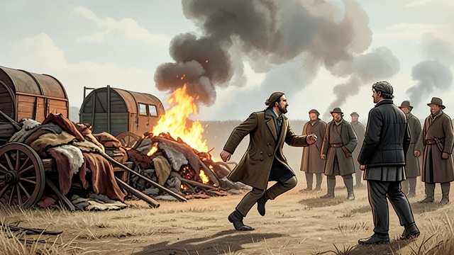 The Burning of the Stock from "Butcher's Crossing". The Merchant’s Stock in Flames McDonald confronts the fire When J.D.
