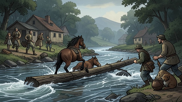 The Flooded Crossing from "Butcher's Crossing". The Flooded Crossing A Dangerous Ford At the river, spring runoff has transformed the narrow autumn stream into a broad, fast current.