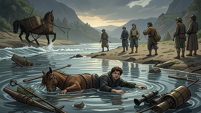 Schneider Drowned from "Butcher's Crossing". Schneider Drowned A Fatal Impact The log knocks Schneider’s horse off balance, and the animal falls onto him in the rushing water.
