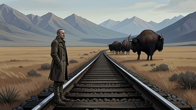 The Railway Passes North from "Butcher's Crossing". Progress Takes Another Route Rails on the plain After many days crossing the plains, Will Andrews and Miller see railway tracks running toward the mountains.