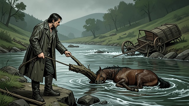 Death at the Spring Crossing from "Butcher's Crossing". A Sudden Final Loss The Crossing Turns Fatal During the swollen spring crossing, a drifting log strikes Schneider’s horse.