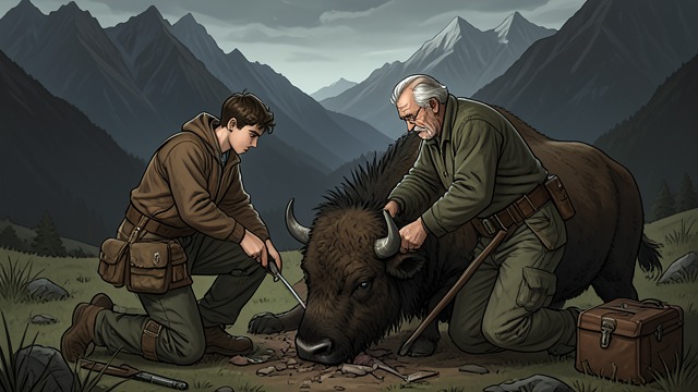 The Hunt Turns Obsessive from "Butcher's Crossing". From Mentor to Mechanism Shared Work, Unequal Purpose Andrews learns to skin bison and gradually becomes efficient within Miller’s slaughter.