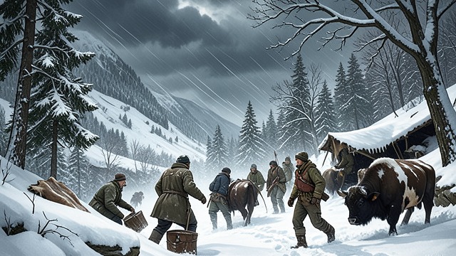 Winter Closes the Pass from "Butcher's Crossing". Winter Closes the Pass The Weather Turns A sudden snowfall interrupts the hunters as the surviving bison attempt to leave the valley.
