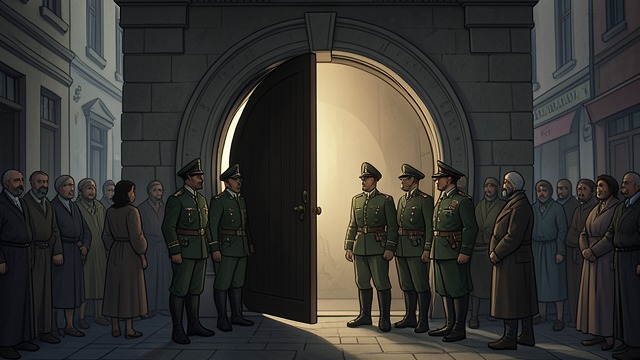 Military Ceremony from "The King in Yellow". Military Ceremony Lancers, hussars, police, and officials surround the new Lethal Chamber in Washington Square.