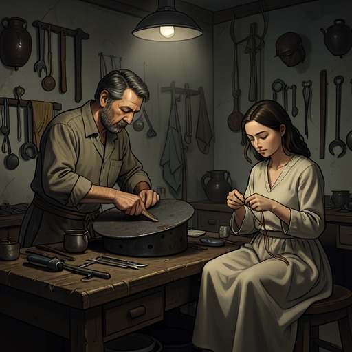 Hawberk and Constance from "The King in Yellow". This flow traces Hawberk's craftsmanship and Constance's threatened household as ordinary skill becomes entangled with aristocratic secrecy and violence.