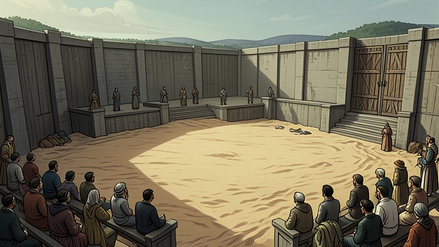 A Field Rebuilt from "The Last Duel". A Field Rebuilt Architecture for violence Carpenters prepare a high-walled enclosed field, gates, stands, and platforms.