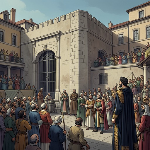 The Crowd and the Spectacle from "The Last Duel". The public staging of the duel turns a private accusation into civic entertainment, royal theater, and a collective demand for a visible verdict.