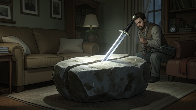 A Stone in Paul’s Room from "The Portable Door". A Stone in Paul’s Room An Impossible Delivery Paul Carpenter returns to his home in Kentish Town and finds a sword embedded in a heavy stone.