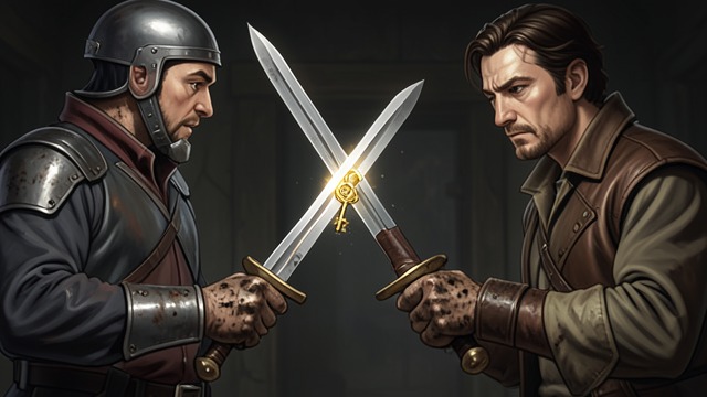 Keys in the Blades from "The Portable Door". Keys in the Blades A Shared Pull Paul Carpenter and Sophie Pettingell pull together on a sword and reveal a key hidden within its blade.