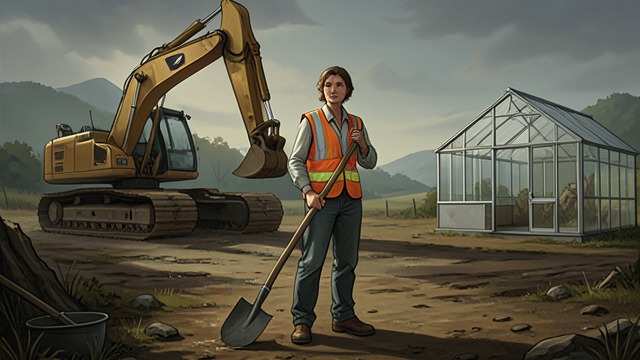 Breaking Ground Planned from "Nomadland". Breaking Ground Planned Preparation takes shape Back at the property, Linda May plans to clear an access road and a construction area.