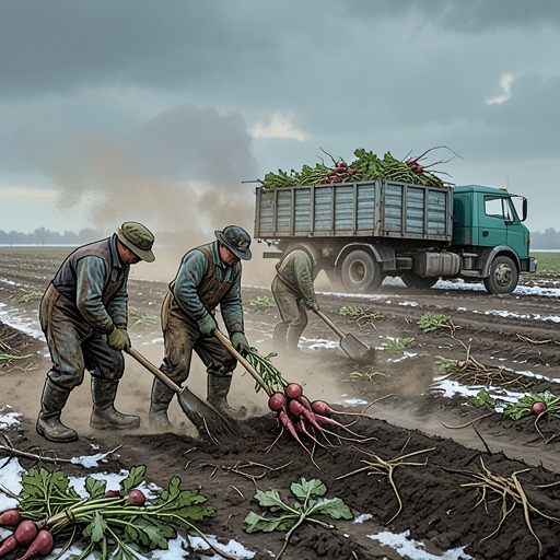 The Sugar Beet Campaign from "Nomadland". A temporary harvest draws mobile workers into dangerous, weather-driven labor that pays only for a brief and punishing season.