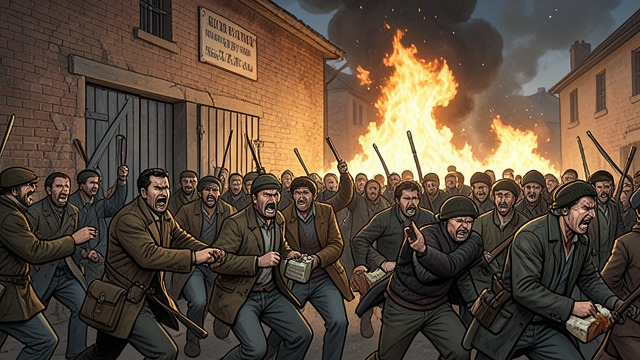 The Burning Mob from "Sanctuary". The Burning Mob Defeat The jury’s acquittal frustrates those who wanted a clear moral punishment. Violence The mob attacks the jail with gasoline and fire.