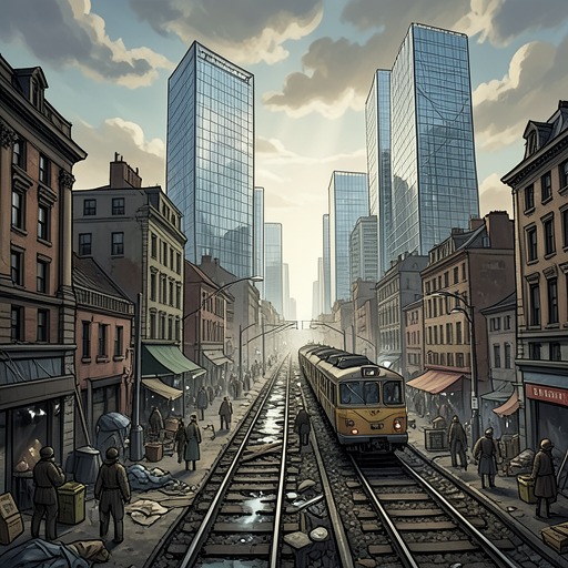 The Sprawl and the Orbitals from "Neuromancer". This flow follows the widening geography of the novel from polluted street life to orbital enclaves and back again.