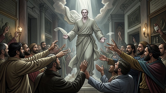 Appearance at Bountiful from "Book of Mormon". The Risen Christ Appears Personal Witness Jesus Christ descends at the temple and invites each person to feel his wounds.