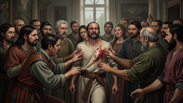 Communal Witness from "Book of Mormon". Many See and Feel Embodied Evidence The multitude touches the wounds of Jesus Christ one by one.