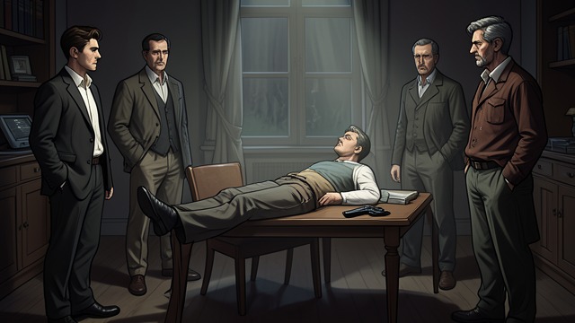 The Staged Body from "The Hollow". Murder as Tableau Artificial Arrangement The body, gun, witnesses, and paths form an almost theatrical composition.