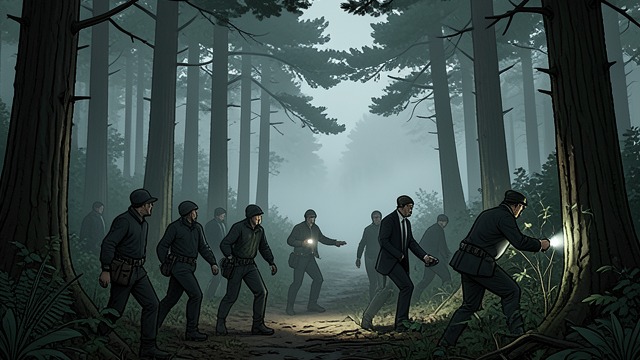 The Missing Weapon from "The Hollow". A Countrywide Search Material Absence Police search The Hollow and its surrounding woods for the missing revolver.