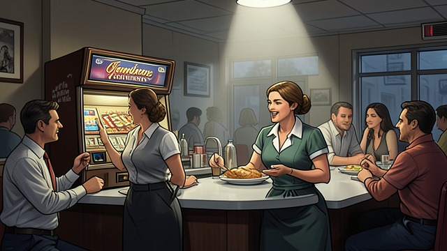 Motown Diner from "The Secret of Secrets". Songs at Work Repeated Repertoire The jukebox plays the Temptations while Nyia serves customers.